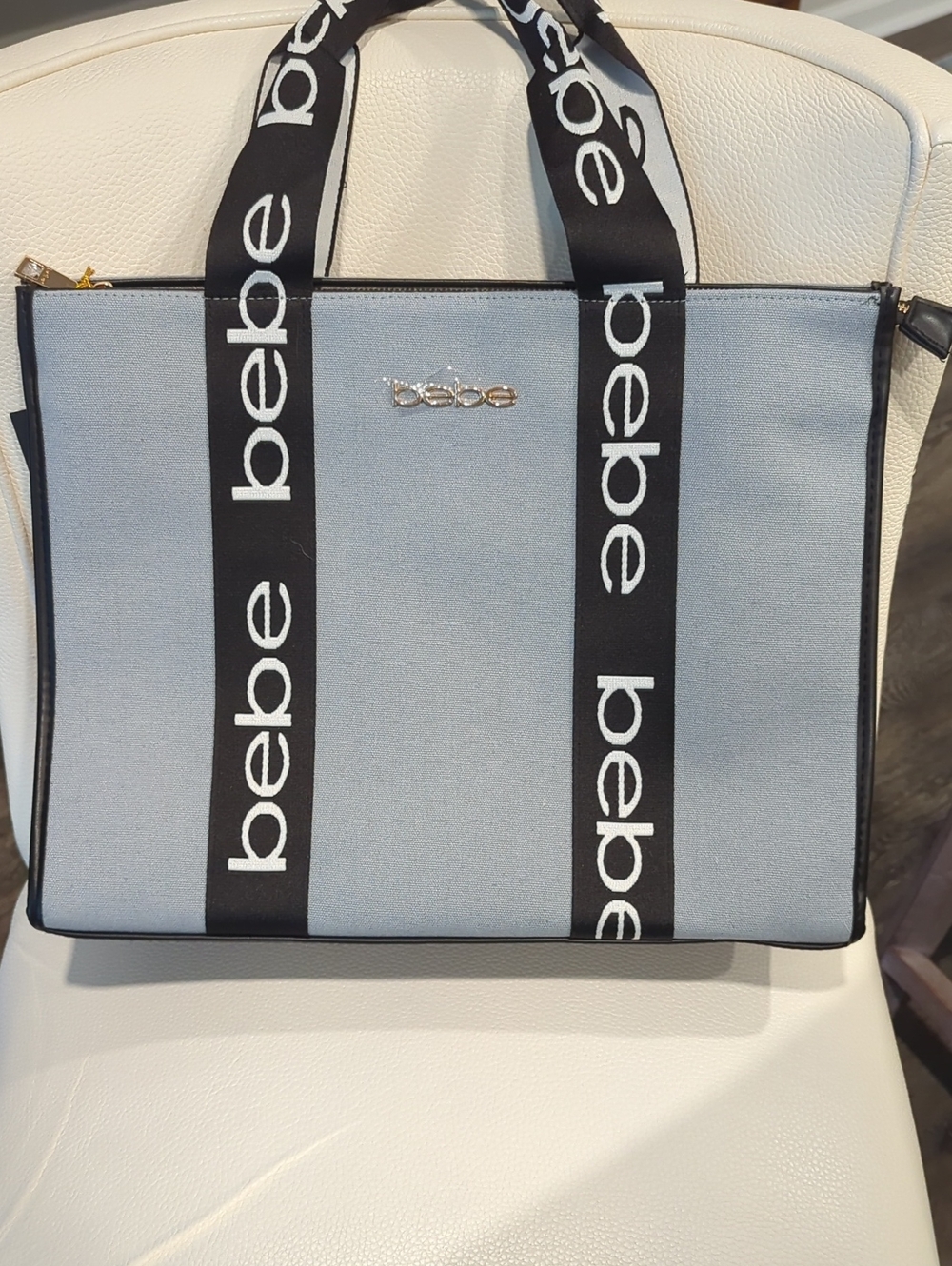 bebe Light Blue Tote with Black Logo Straps